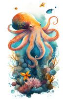 Watercolor of octopus, octopus swimming underwater in the ocean, png