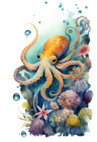 Watercolor of octopus, octopus swimming underwater in the ocean, png