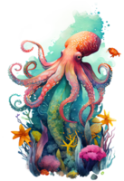 Watercolor of octopus, octopus swimming underwater in the ocean, png