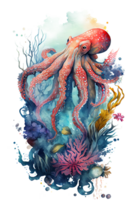 Watercolor of octopus, octopus swimming underwater in the ocean, png