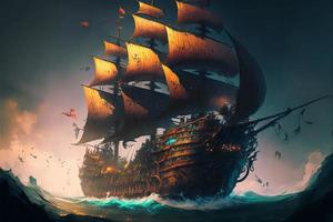 Pirate ship destroyed in flames after battle at sea. Digital illustration. AI photo