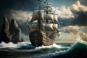 Landscape with pirate ship at sea, horizon in background. AI digital illustration photo