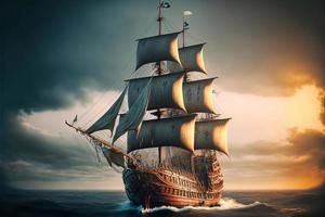 Landscape with pirate ship at sea, horizon in background. AI digital illustration photo