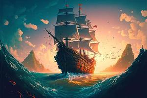 Landscape with pirate ship at sea, horizon in background. AI digital illustration photo