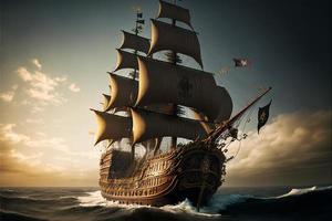 Landscape with pirate ship at sea, horizon in background. AI digital illustration photo