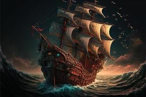 Landscape with pirate ship at sea, horizon in background. AI digital illustration photo