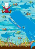 Jonás y el ballena con tropical pescado y tiburones - bíblico ilustración vector