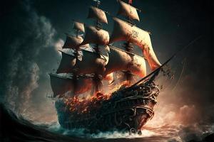 Landscape with pirate ship at sea, horizon in background. AI digital illustration photo