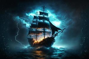 Landscape with pirate ship in the sea, lightning in the sky full of clouds, horizon in the background. AI digital illustration photo