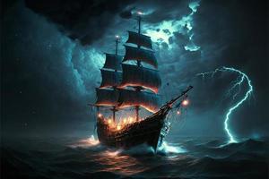 Landscape with pirate ship in the sea, lightning in the sky full of clouds, horizon in the background. AI digital illustration photo