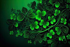 Shamrock or green clover leaves pattern background flat design illustration isolated on dark green background. St Patricks Day shamrock symbols decorative elements pattern AI photo