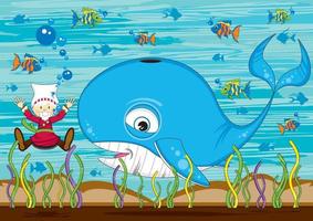 Jonás y el ballena con tropical pescado - bíblico ilustración vector