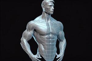 Abstract isolated human body on background. Polygonal top of body of adult man with polygons, particles, lines and connected dots. Medicine and healthy life digital concept. Low poly wireframe. AI photo