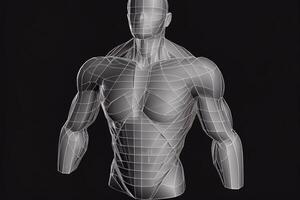 resumen aislado humano cuerpo en antecedentes. poligonal parte superior de cuerpo de adulto hombre con polígonos, partículas, líneas y conectado puntos medicina y sano vida digital concepto. bajo escuela politécnica estructura alámbrica ai foto