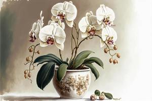 Painting orchids in potted plant, white background. AI digital illustration photo