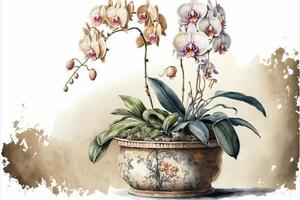 Painting orchids in potted plant, white background. AI digital illustration photo