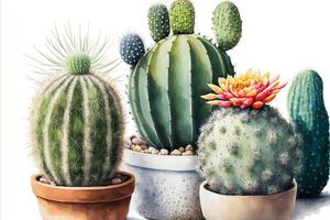 Painting various cacti in potted plants, white background. AI digital illustration photo