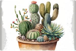 Painting various cacti in potted plants, white background. AI digital illustration photo