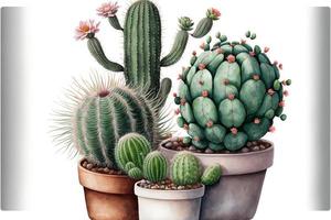 Painting various cacti in potted plants, white background. AI digital illustration photo