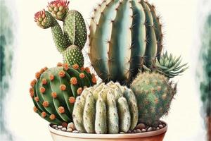 Painting various cacti in potted plants, white background. AI digital illustration photo