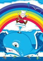 Jonah and the Whale with Tropical Fish and Rainbow - Biblical Illustration vector