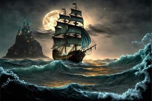 Landscape with pirate ship in the sea, sky full of clouds and full moon, horizon in the background. AI digital illustration photo