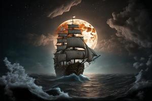 Landscape with pirate ship in the sea, sky full of clouds and full moon, horizon in the background. AI digital illustration photo