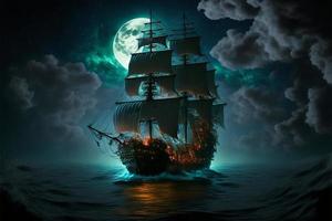 Landscape with pirate ship in the sea, sky full of clouds and full moon, horizon in the background. AI digital illustration photo