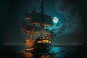 Landscape with pirate ship in the sea, sky full of clouds and full moon, horizon in the background. AI digital illustration photo