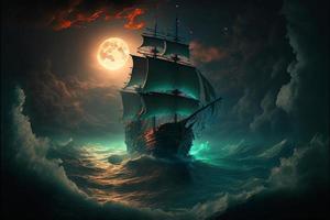 Landscape with pirate ship in the sea, sky full of clouds and full moon, horizon in the background. AI digital illustration photo