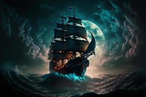 Landscape with pirate ship in the sea, sky full of clouds and full moon, horizon in the background. AI digital illustration photo