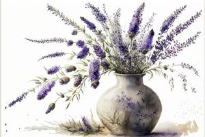 Painting of potted plant filled with lavender, white background. AI digital illustration photo