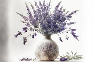 Painting of potted plant filled with lavender, white background. AI digital illustration photo