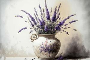 Painting of potted plant filled with lavender, white background. AI digital illustration photo