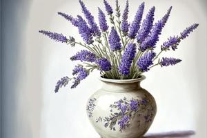 Painting of potted plant filled with lavender, white background. AI digital illustration photo