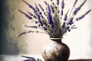 Painting of potted plant filled with lavender, white background. AI digital illustration photo