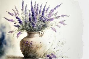 Painting of potted plant filled with lavender, white background. AI digital illustration photo