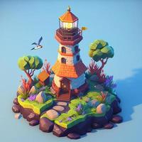 Island lighthouse landscape in 3d with flying birds, cute style. AI digital illustration photo