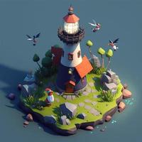 Island lighthouse landscape in 3d with flying birds, cute style. AI digital illustration photo