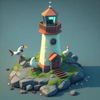 Island lighthouse landscape in 3d with flying birds, cute style. AI digital illustration photo