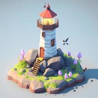 Island lighthouse landscape in 3d with flying birds, cute style. AI digital illustration photo