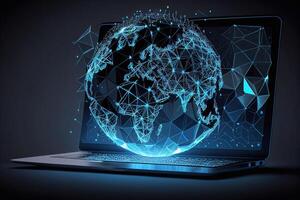 A portable computer with a abstraction screen. Technological background AI photo