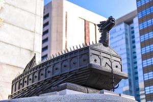 SEOUL, SOUTH KOREA - NOV 14, 2017-The  Statue of warship of Admiral Yi Sun-Shin was erected at the front of Gwanghwamun Square, South Korea. photo