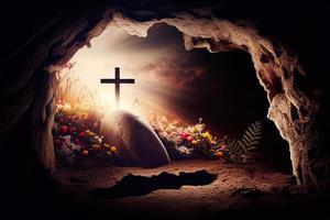 The cave is open and there are three crosses on the hill. The Feast of the Resurrection of Jesus Christ AI photo
