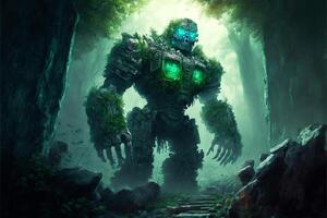 Giant stone golem in the middle in the forest, green fog. photo