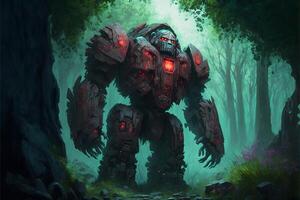 Giant stone golem in the middle in the forest, green fog. photo