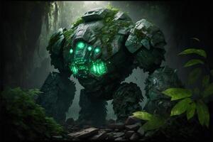 Giant stone golem in the middle in the forest, green fog. photo