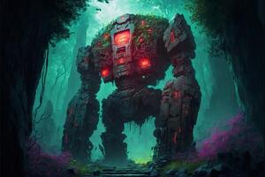 Giant stone golem in the middle in the forest, green fog. photo