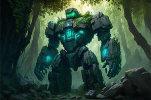 Giant stone golem in the middle in the forest, green fog. photo