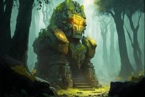 Giant stone golem in the middle in the forest, green fog. photo